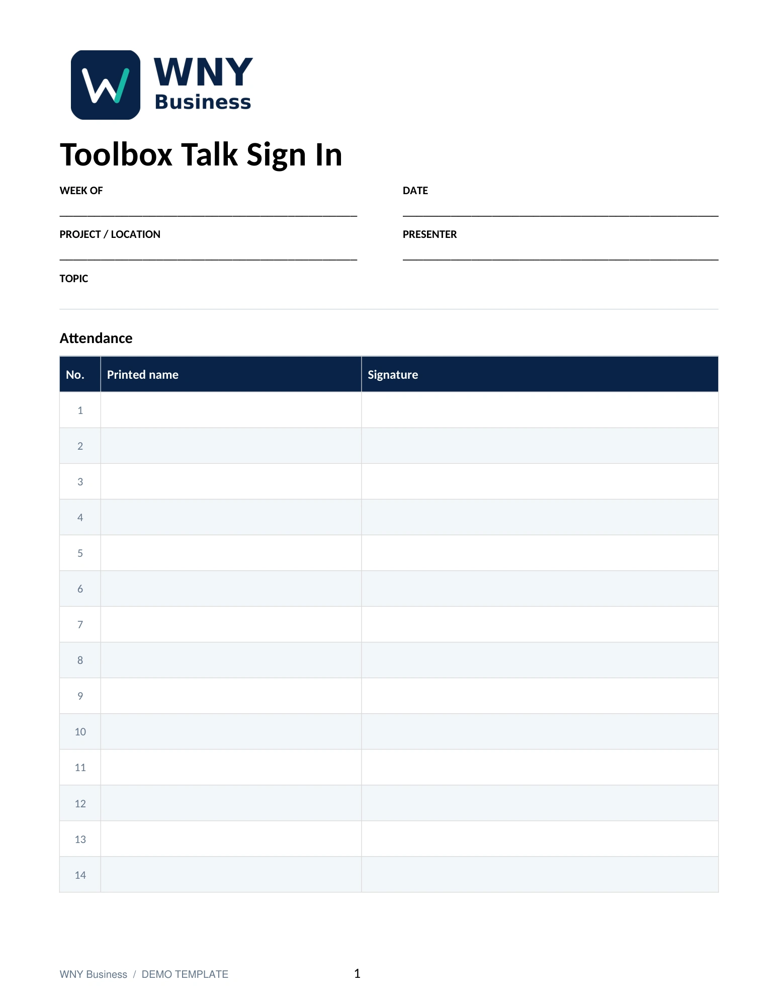 WNY Business blank toolbox talk sign-in sheet