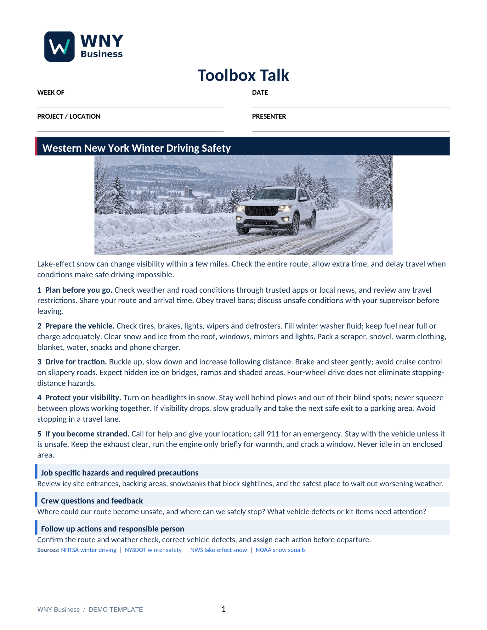 Western New York Winter Driving Safety toolbox talk with a white SUV in snow
